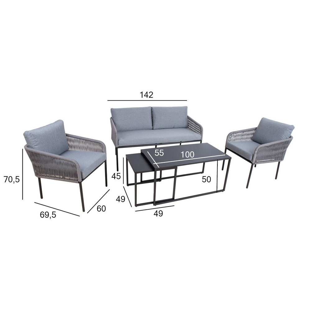 Garden furniture set LEVINE 2 tables, sofa and 2 chairs, grey